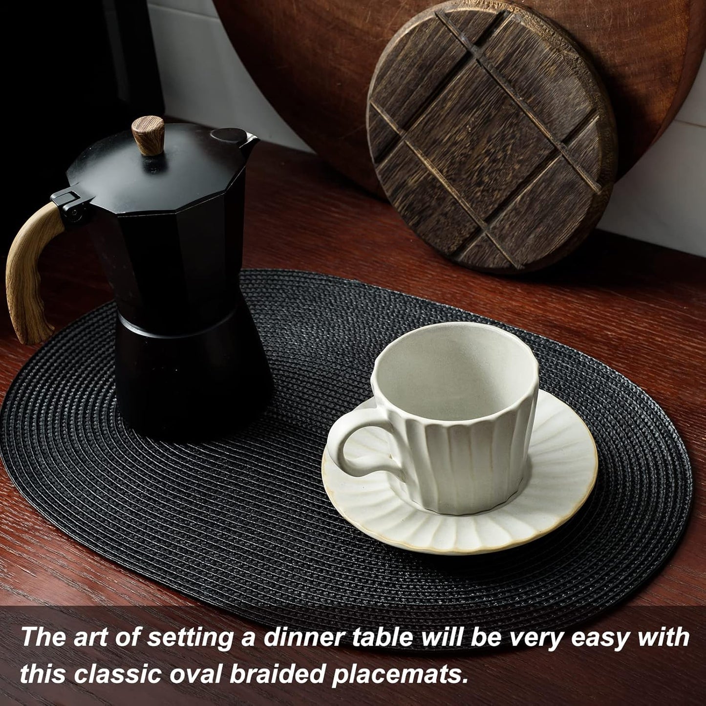 AHHFSMEI Placemats Set of 8 for Dining Table Washable Woven Vinyl Non-Slip 18x12 inches Placemat Heat-Resistant Durable Table Mats for Dining Table Easy to Clean (Black, 8)