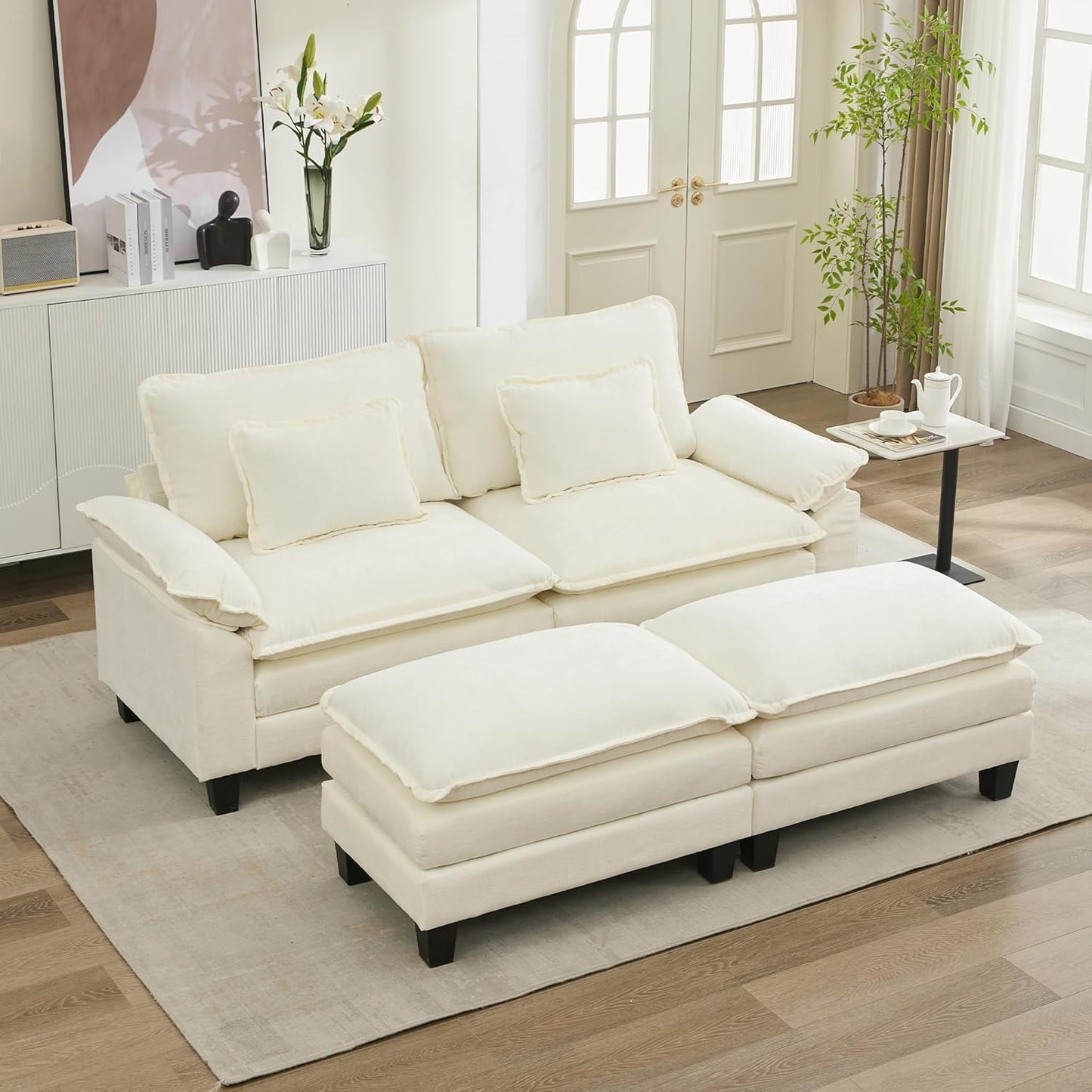 URRED Modular Sectional Sofa Comfy Cloud Couch, Modern Chenille Sofa Sleeper Deep Seat Couches with Ottoman/Pillows for Living Room (White, 82.6''- 2 Ottomans)