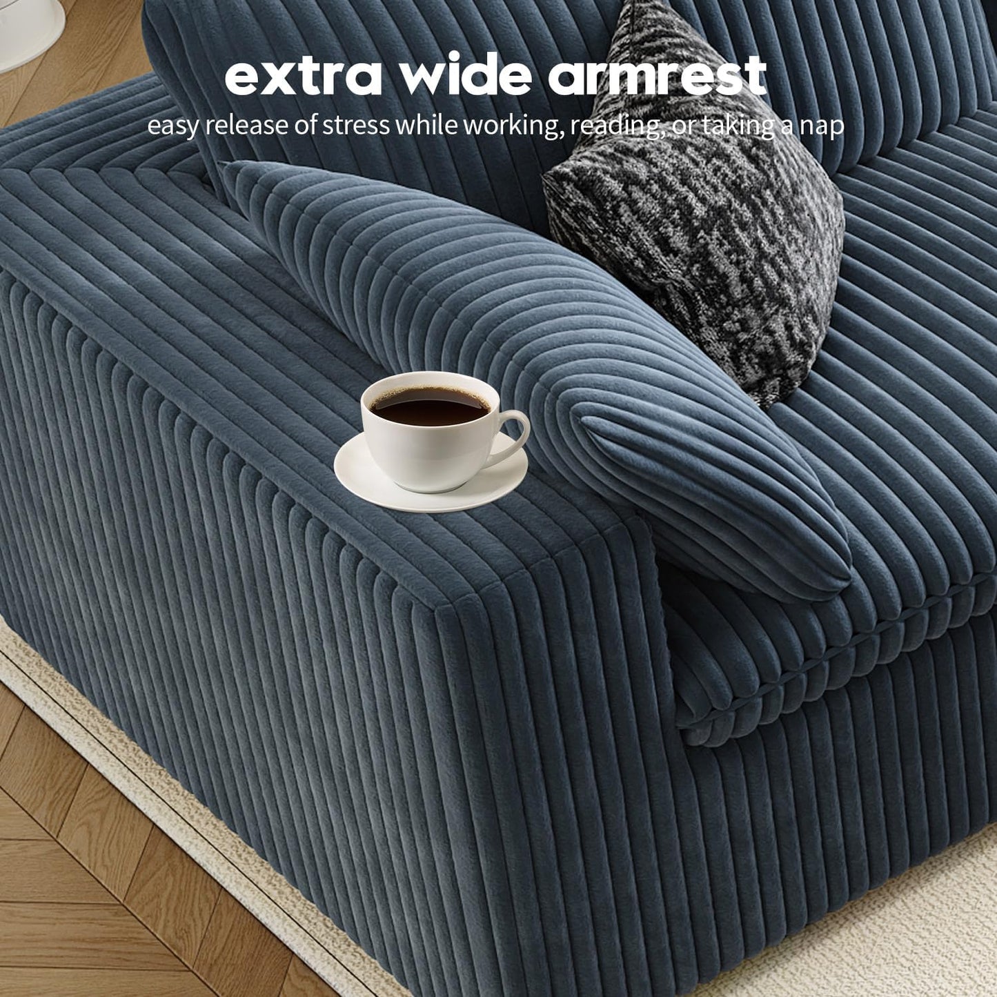 157.5" Cloud Couch Modular Sectional Sofa for Living Room,Modern Sofa with Deep Seat，4 Seater Boneless Couch,Comfy Upholstered Corduroy Couches for Apartment, Studio, Office,Bedroom，Blue