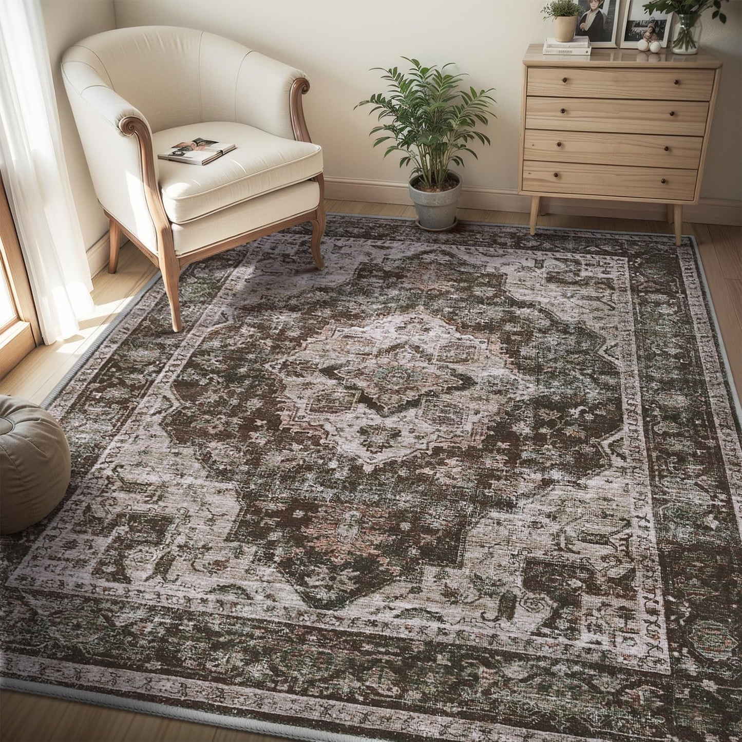 AMOAMI-4X6 Area Rugs for Living Room -Soft Vintage Bedroom Rugs-Non Slip Washable Rug-Throw for Living Room Bedroom Bedside Dining Room Office Brick/Brown