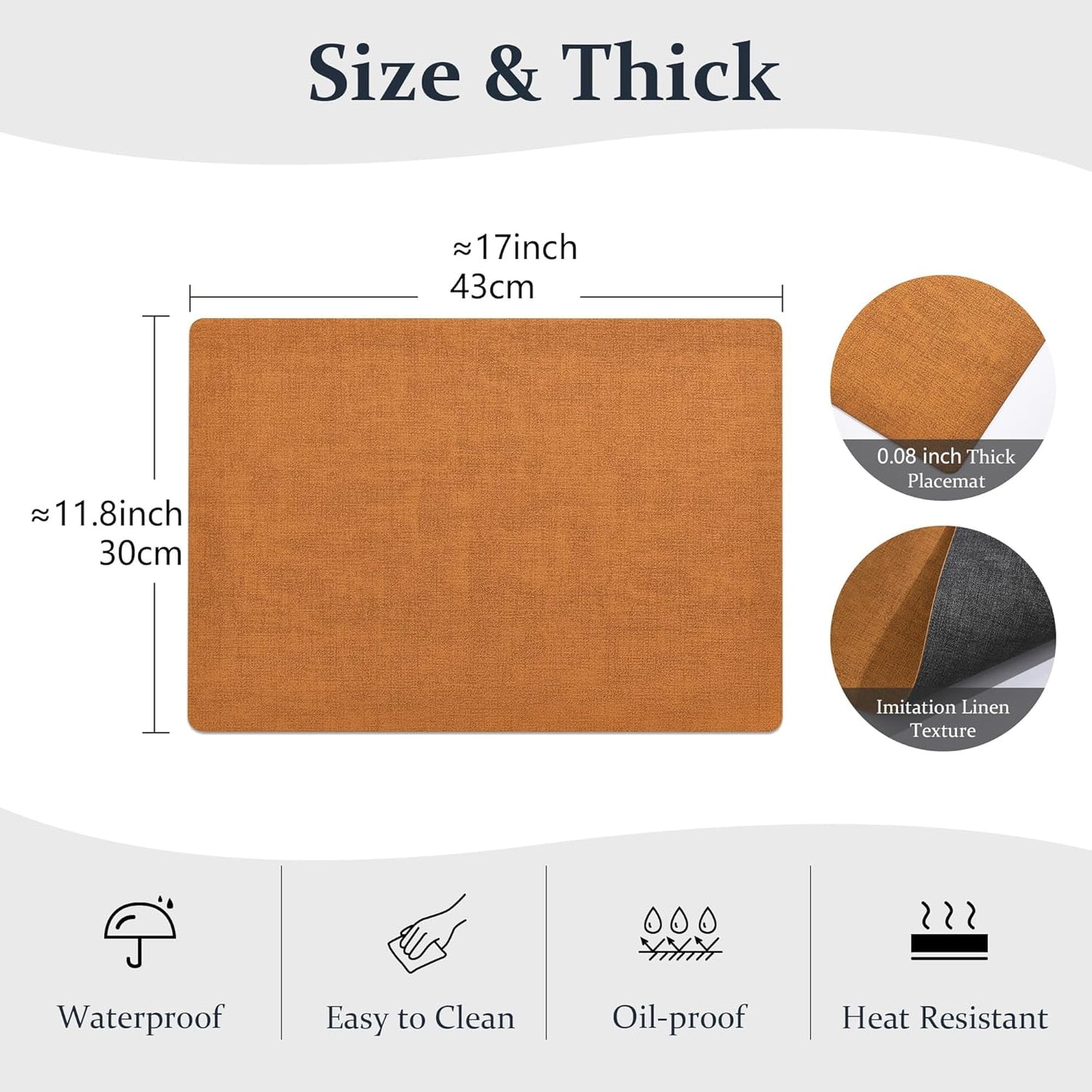 FROMHEART Faux Leather Placemats Set of 12–Waterproof,Heat/Oil Stain-Resistant PU Table Mat–Reversible,Non-Slip,Easy to Clean Place Mats for Kitchen,Dining,Indoor/Outdoor,(Orange-Grey,11.8" x 17")