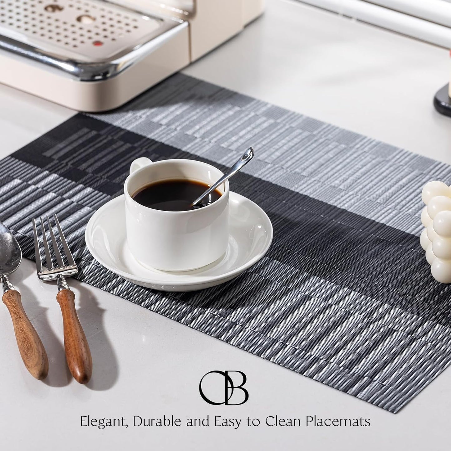 Placemats Set of 6 - Easy Clean Woven Vinyl Placemats for Dining Table, Indoor/Outdoor Place Mats, Washable PVC Table Mats （Silver Gray Black）