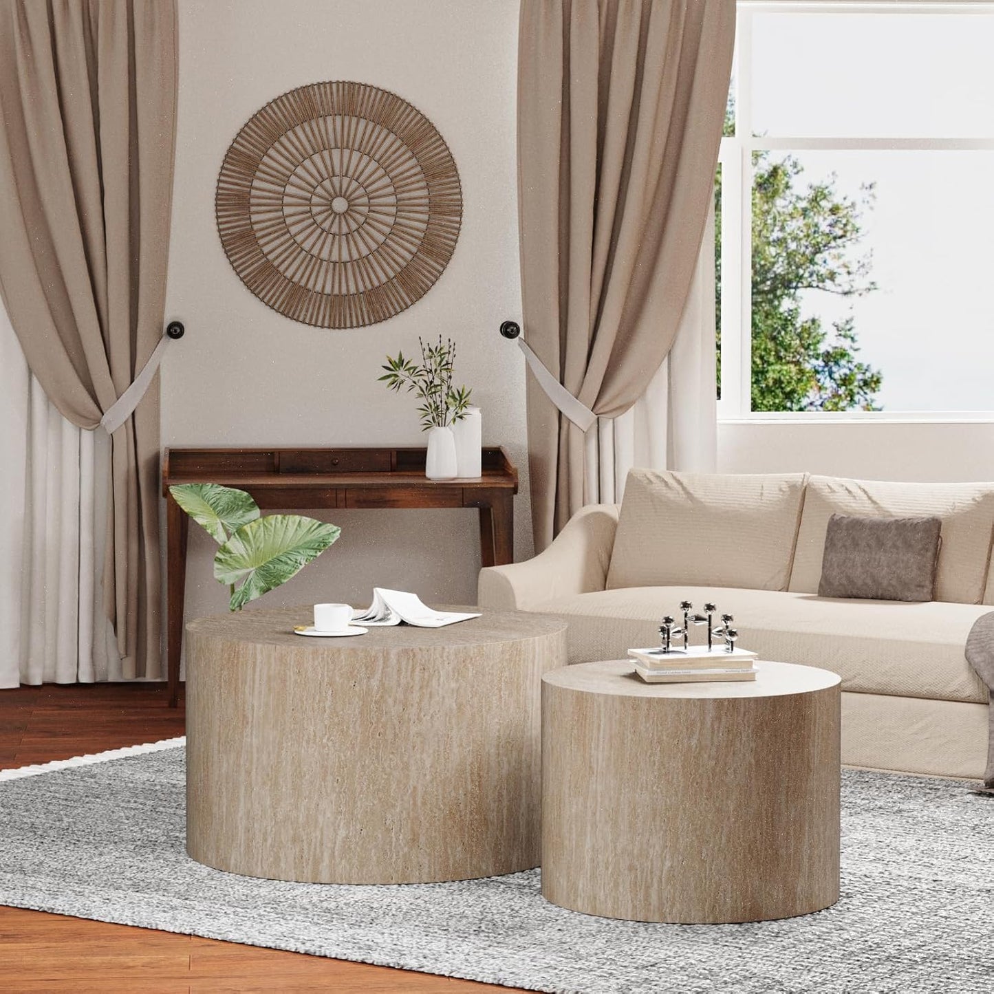 Round Nesting Coffee Table Set of 2 Modern Wood Coffee Tables Handcraft Drum Coffees Table Farmhouse Round Sofa Side Tables End Table for Living Room Small Spaces, No Assembling (Travertine Large)