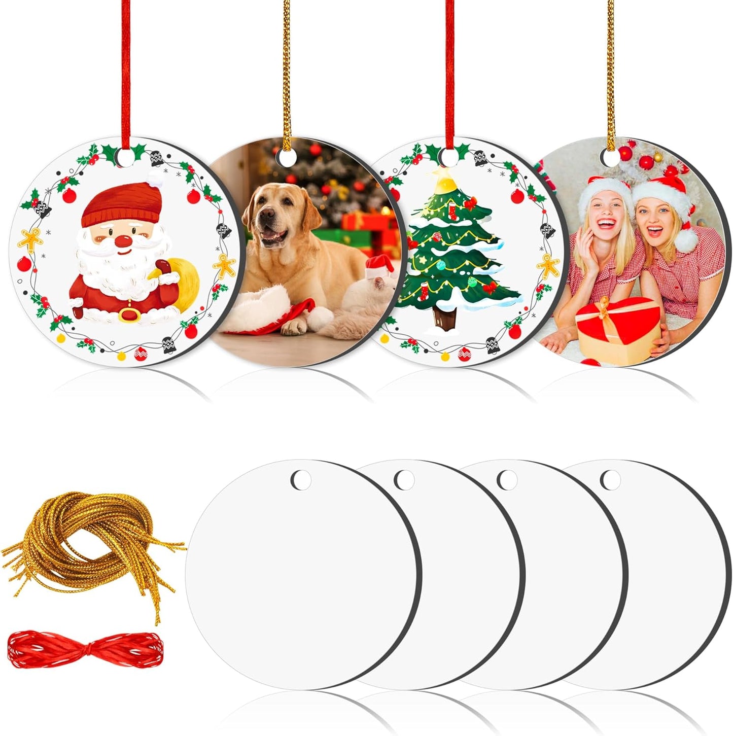 Joyclub 8 Pcs 3'' Sublimation Ornament Blanks MDF Sublimation Christmas Ornaments Bulk Round Double Sided Ornaments for Personalized Xmas Tree Ornament Home Decor DIY Crafts