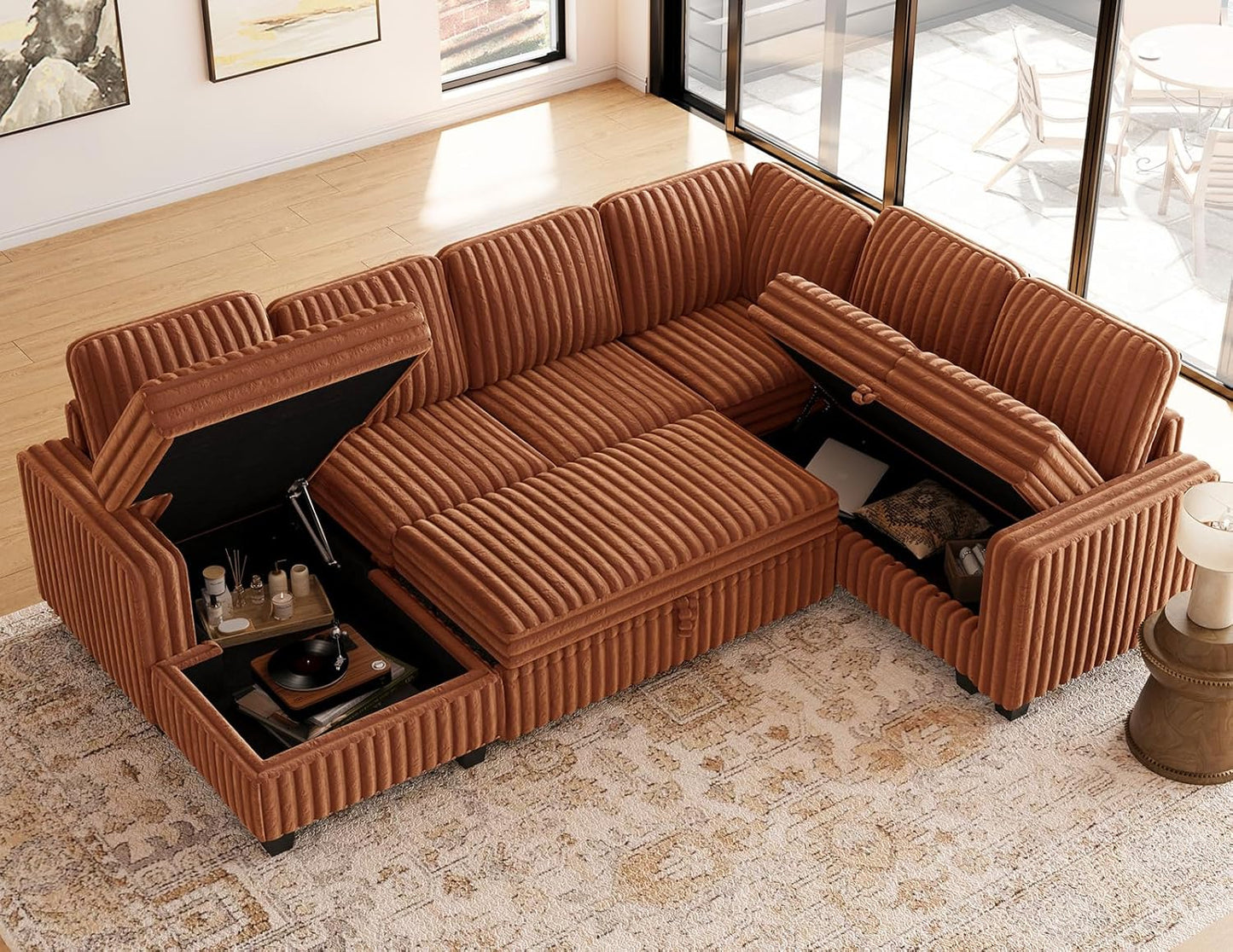 Belffin Corduroy Sleeper Sofa Bed with Storage Chaise Modular Sectional Sofa Couch with Pull Out Bed L Shaped Sectional Couches for Living Room Brick Red Couch