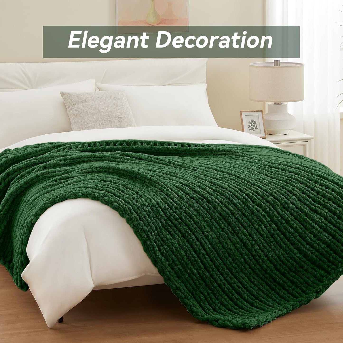 Chunky Knit Throw Blanket, 50''*60'' Knitted Throw Chenille Yarn for Bed Couch, Handmade Grass Green Crochet Big Thick Blanket, Machine Washable Cute Comfy Blanket for Home Decor