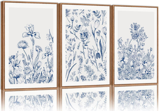 SIGNINART Classic Chinoiserie Botanical Framed Canvas Wall Art, Blue and White Floral Wall Decor, Minimalist Flower Artwork, Navy Blue Wildflower Art Painting for Bedroom Living Room Office 24"x36"x3