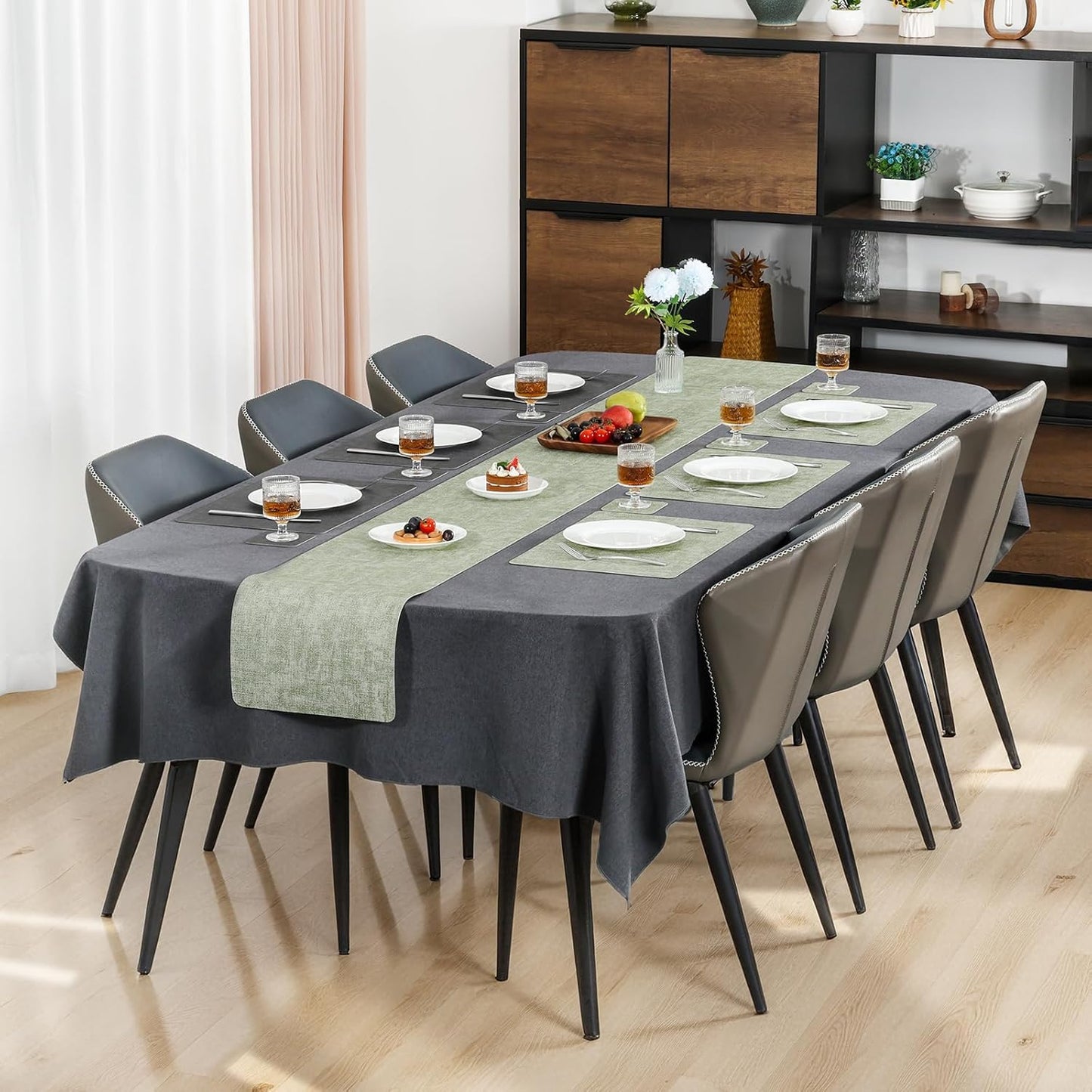 Myir JUN Placemats Dual Sided, Faux Leather Place Mats Set of 8 Indoor Placemats for Dining Table Non-Slip Washable Placemats Heat Resistant Outdoor Table Mats (Set of 8, Gray Grass Green)