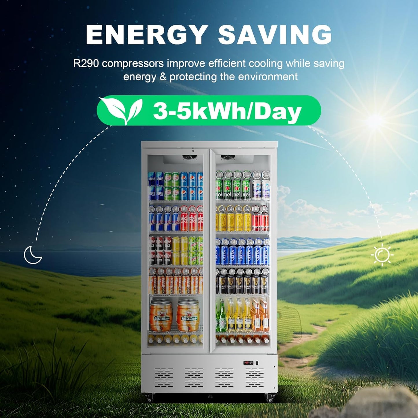 30.5 Cu.ft. Commercial Refrigerators 2 Glass Door Commercial Beverage Refrigerators Upright Display Cooler with Soft LED Light and 10 Adjustable Shelves for Restaurant Grocery Stores Home