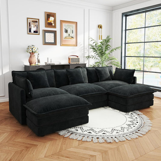 Sectional Sofa 3 Seater with Movable 2 Ottomans,Oversized Modular Couch Deep Seat (Black, 111.5 inch-U)