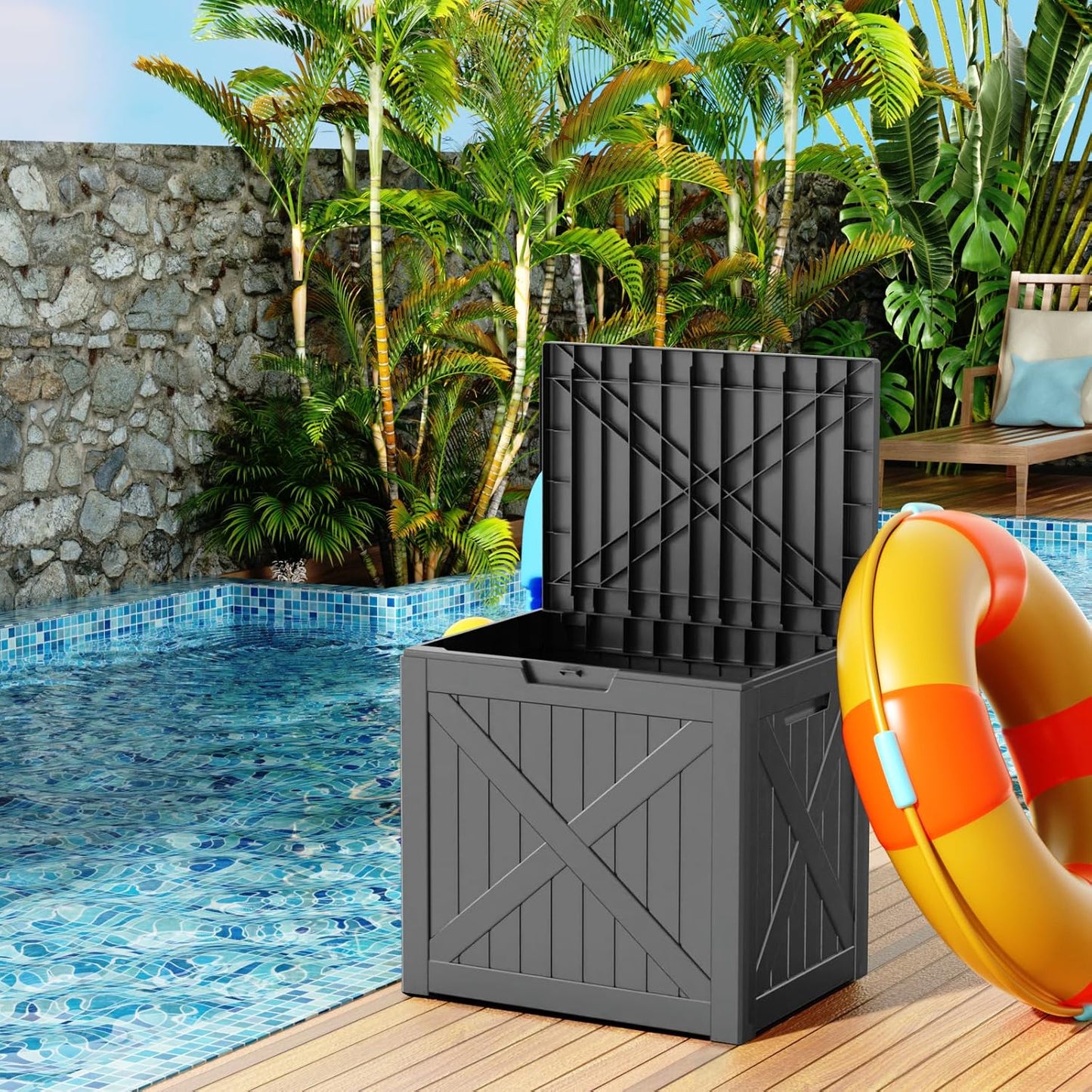 38 Gallon Outdoor Deck Box,Storage Lockable Waterproof Patio Furniture,Garden Tools,Cushions,Pool Accessories Outside Storage Resin Box(BlackX)