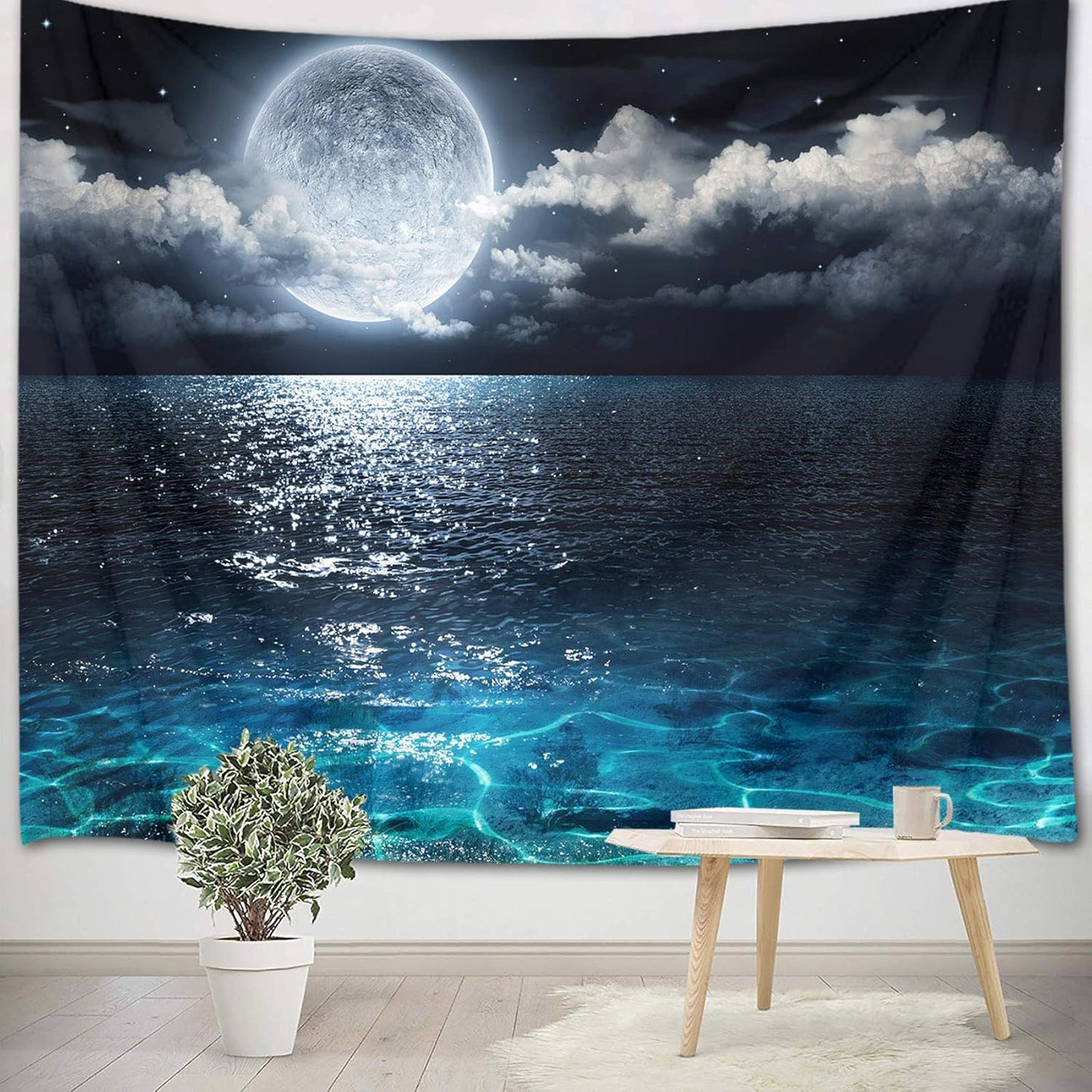 LB Moon Ocean Tapestry - Watercolor Blue Ocean and White Cloud Extra Large Wall Tapestry for Bedroom Starry Night Sky Wall Art for Bedroom Living Room Dorm Decor - 92.5Wx70.9H inches