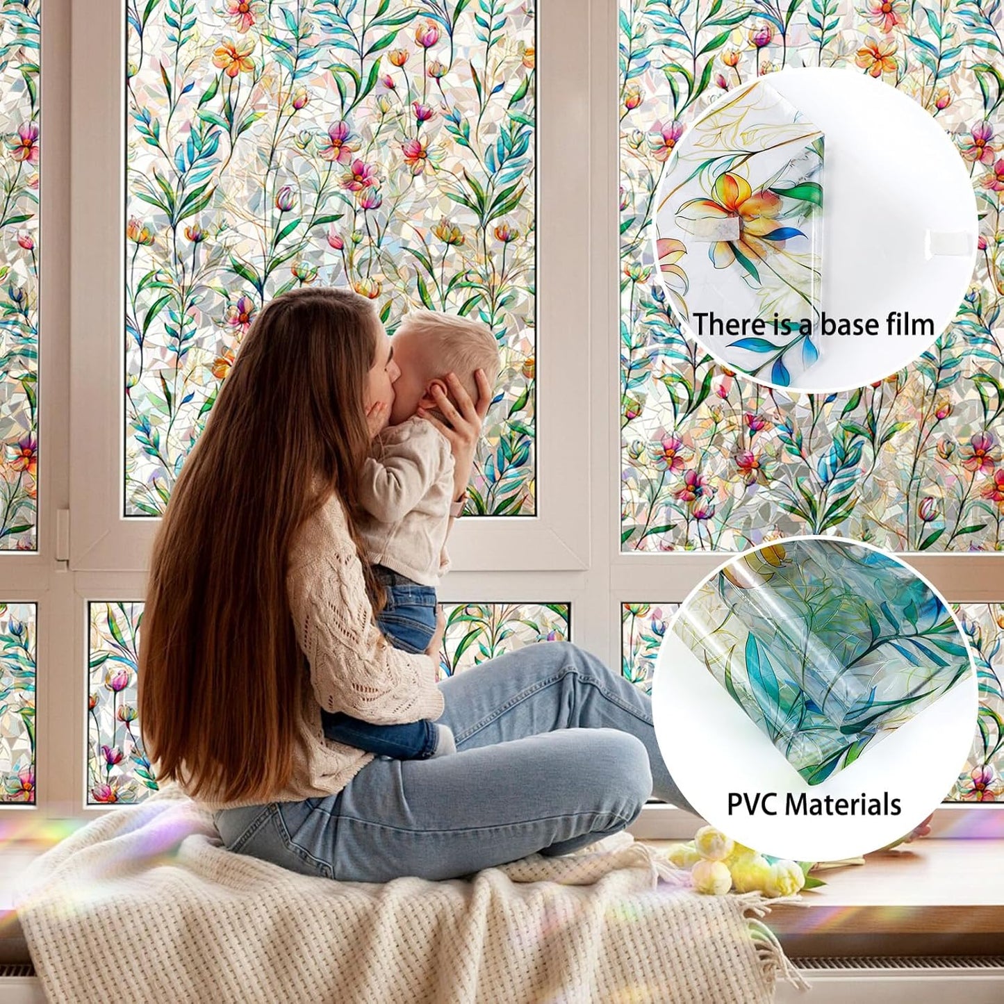 Rainbow Window Privacy Film 3D Floral Decorative Stained Glass Window Film Anti UV Non-Adhesive Reusable 23.6" x 78.7" for Home Room Car Glass Cling