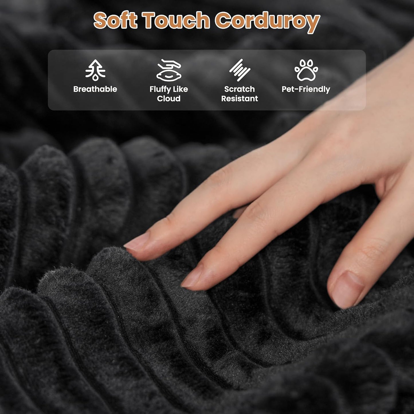 ovios Sectional Sofa Couch with U-Shape Chaise Sofa Bed, Comfy Modular Cloud Couches with Deep Seat, Modern Upholstered Plush Corduroy Sofas Set for Living Room, 6-Seater, Black