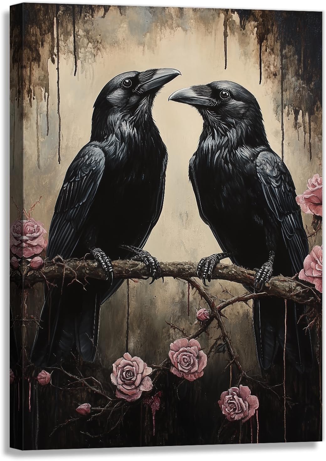 OAAPITI Crow Canvas Wall Art Black Raven Picture Print Pink Rose Poster Vintage Gothic Painting Artwork for Living Room Halloween Decor(Artwork-6,24"x36")