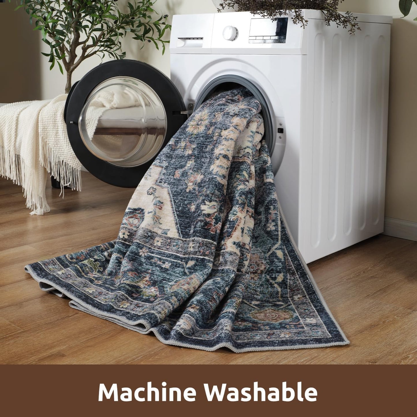 AMOAMI-3X5 Area Rug-Soft Washable Vintage Throw Accent Rugs for Living Room, Entryway, Bedroom, Kitchen, Bathroom, Laundry Room, Kitchen, Bathroom, Bedside, No Slip Blue