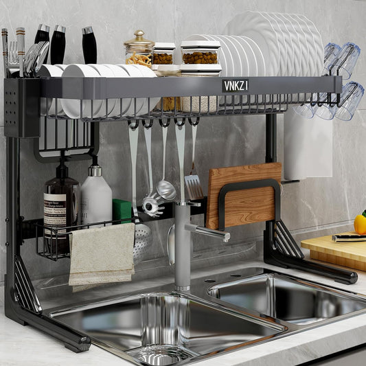 VNKZI Over Sink Dish Drying Rack, 2 Tier Stainless Steel Storage Adjustable Length (25.98'' to 36.61'') Kitchen Rack, Multifunctional Expandable Counter Organizer, Space Saver Dish Rack