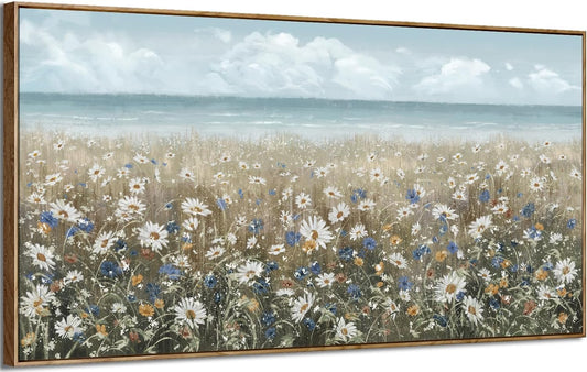 amatop Oversized Wall Art for Living Room Extra Large Farmhouse Boho Framed Beach Coastal Vintage Ocean Floral Canvas Print Daisy Flowers Sea Wall Picture Neutral Nautical Artwork Bedroom Office Decor