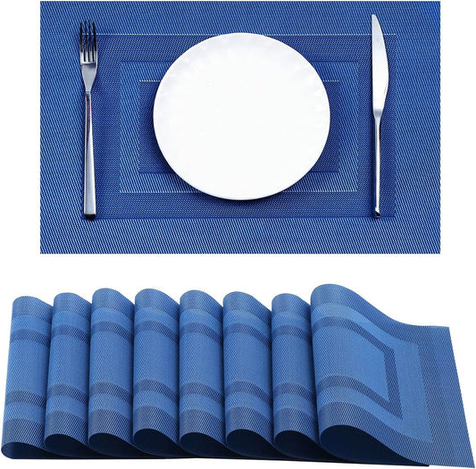 Leetaltree Blue Frame Placemats Set of 8 - Heat Resistant Non-Slip Place mats for Dining Table, Washable Durable PVC Vinyl Woven Table Mats（Blue Frame, 8）