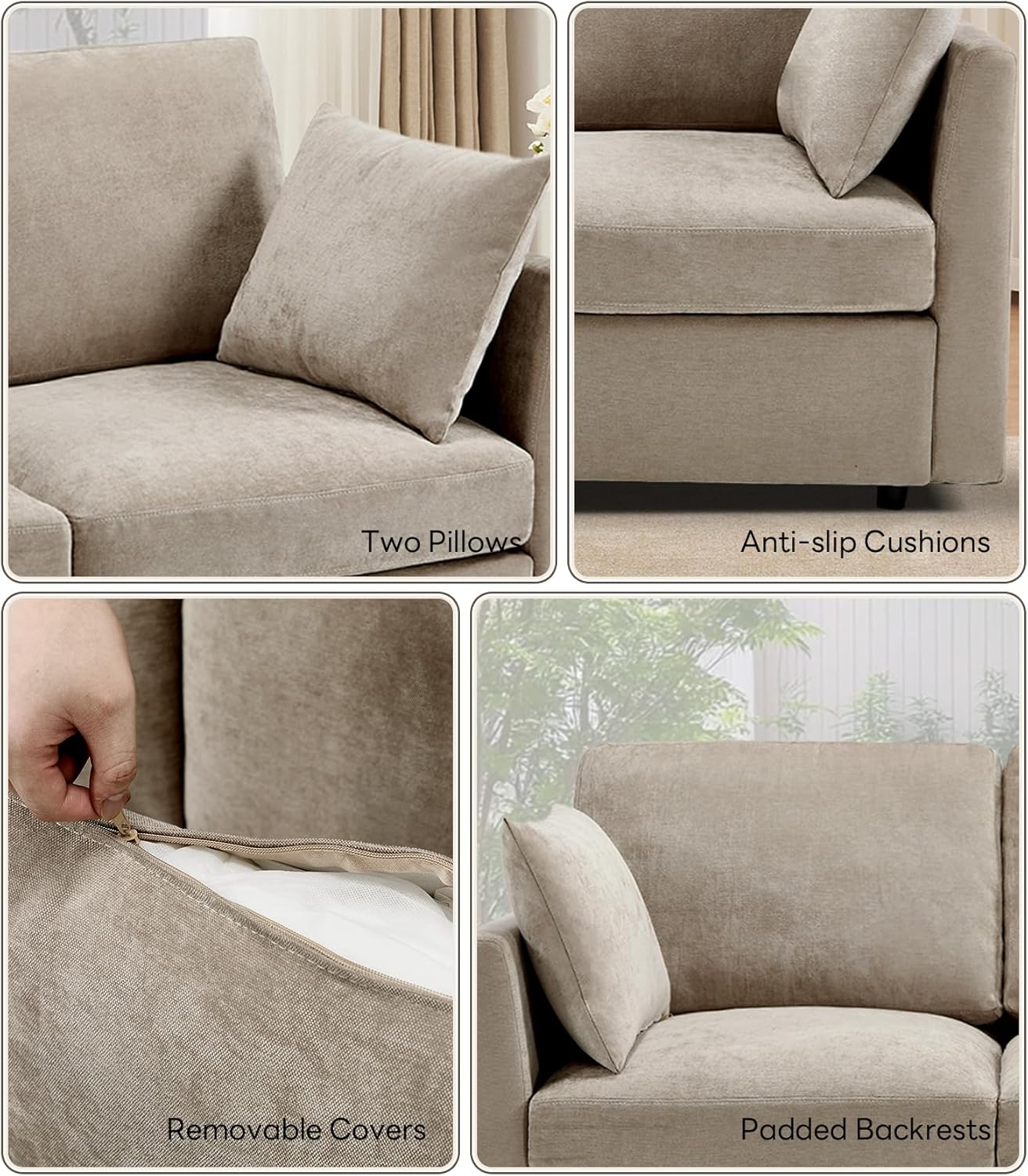 Tbfit L Shaped Couch 8 Seat, Sectional Sofa for Living Room,Chenille Cloud Couch with Ottoman, Khaki