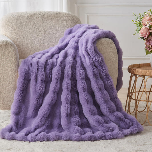 Lotus Karen Faux Fur Throw Blanket Purple - Big Bubble Rabbit Fluff Blanket for Couch Bed Sofa,Softest Fluffy Fuzzy Cozy Blanket,Thick Furry Plush Shaggy Warm Blankets for Women,50x60 Inches