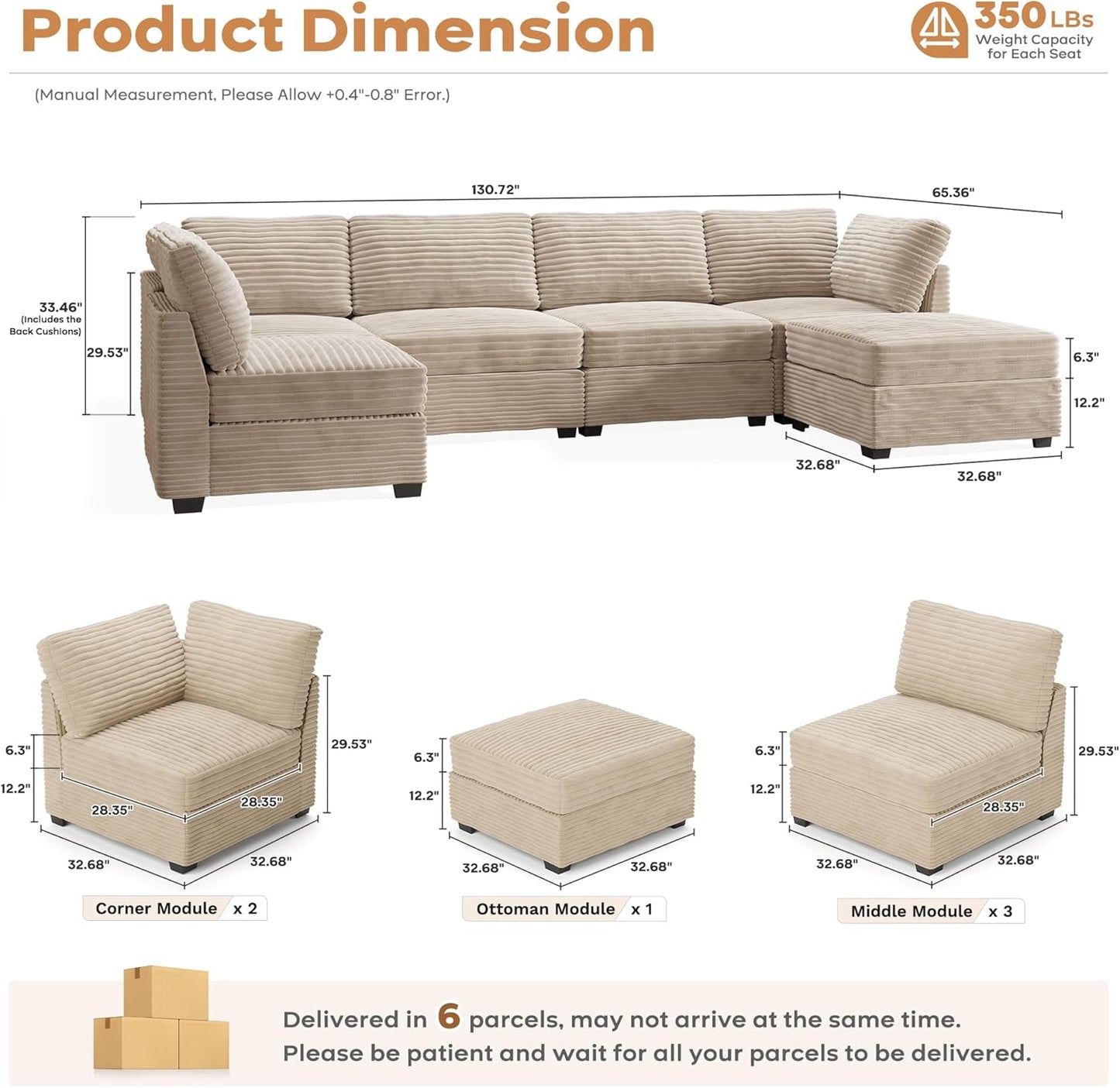 ovios Sectional Sofa Couch with U-Shape Chaise Sofa Bed, Comfy Modular Cloud Couches with Deep Seat, Modern Upholstered Plush Corduroy Sofas Set for Living Room, 6-Seater, Beige
