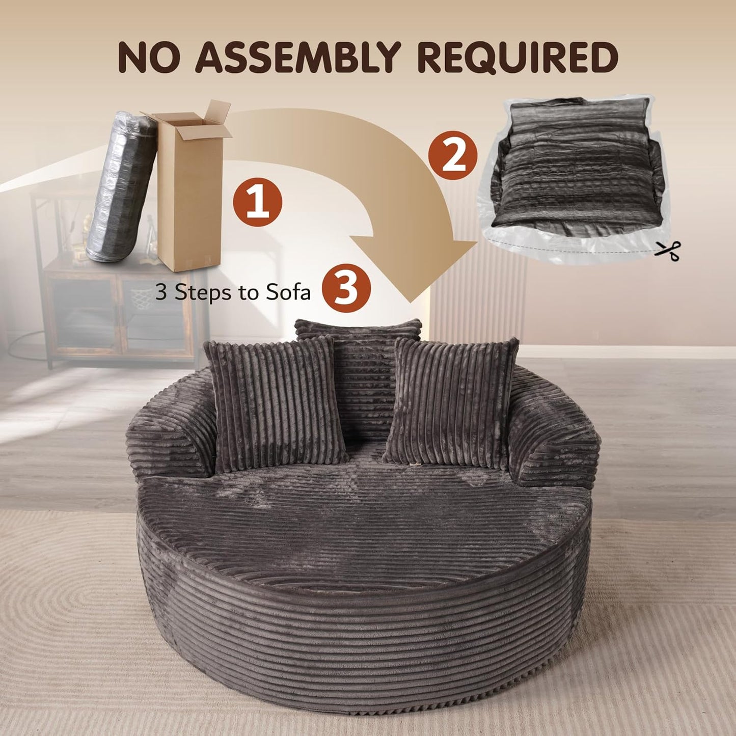 ovios 58" Oversized Round Chair Lounge Chaise Indoor, No Assembly Required, Cloud Large Circle Chair with Plush Fuax Fur, Fluffy Modern Sleeper Sofa Bed for Reading Yoga, Grey (Plush Corduroy Fabric)