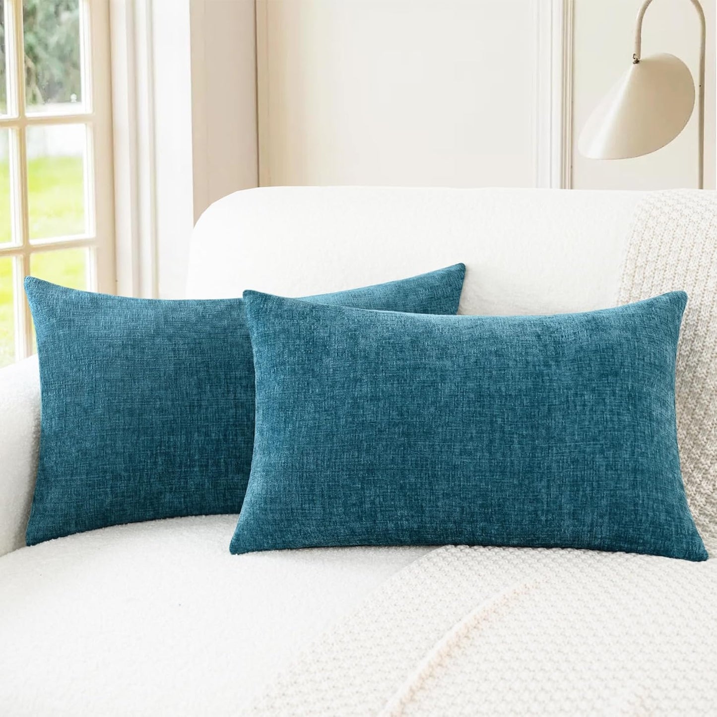 CaliTime Throw Pillow Covers Decorative 16 X 26 Inches Pack of 2 Cozy Chenille Cushion Cases for Couch Sofa Bed Living Room Home Ocean Blue