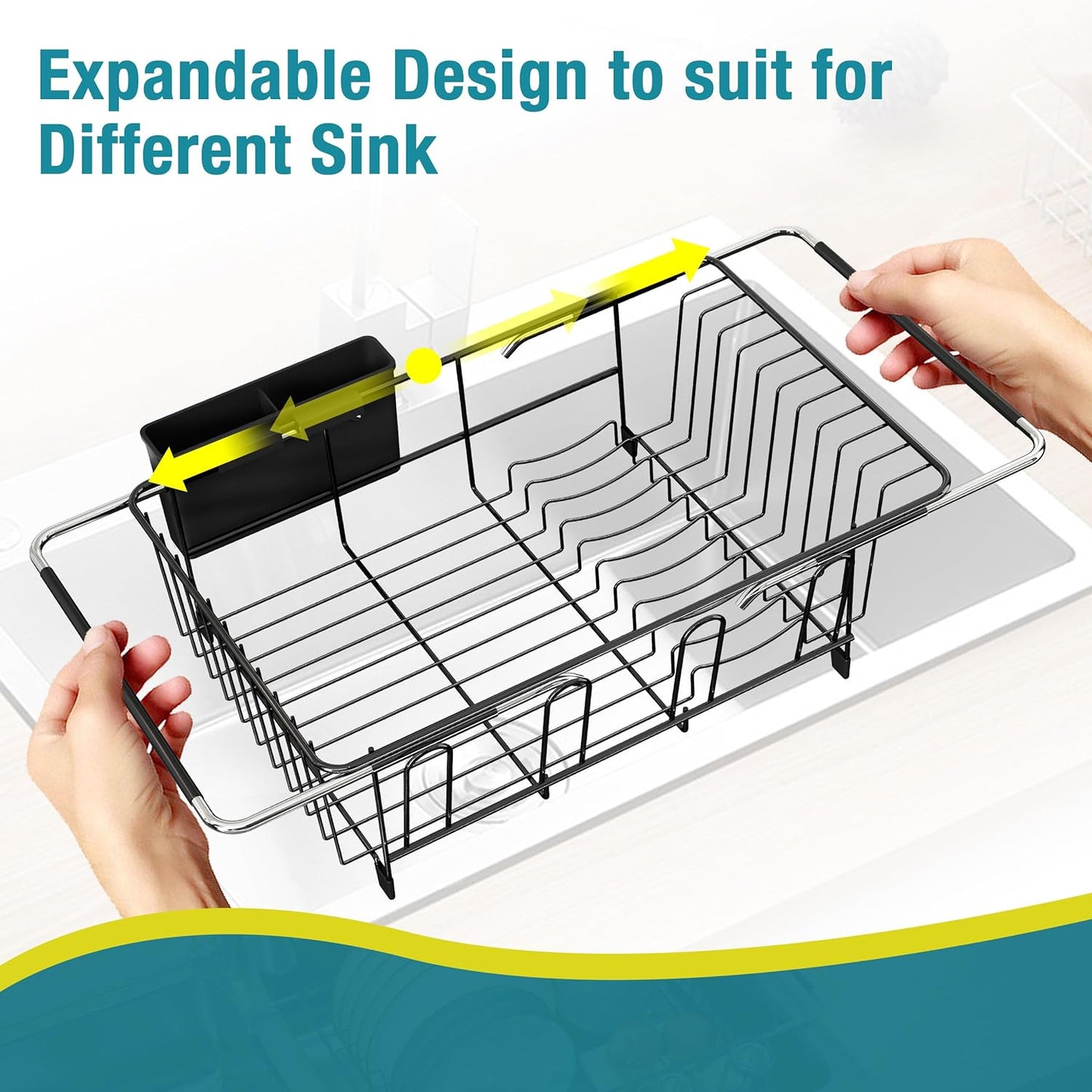 Dish Drying Rack in Sink, Over The Sink Colander Strainer Basket, Stainless Steel Strainer Basket with Expandable Rubber Grip Handles for Vegetables, Fruits, Home Kitchen Essentials, Black