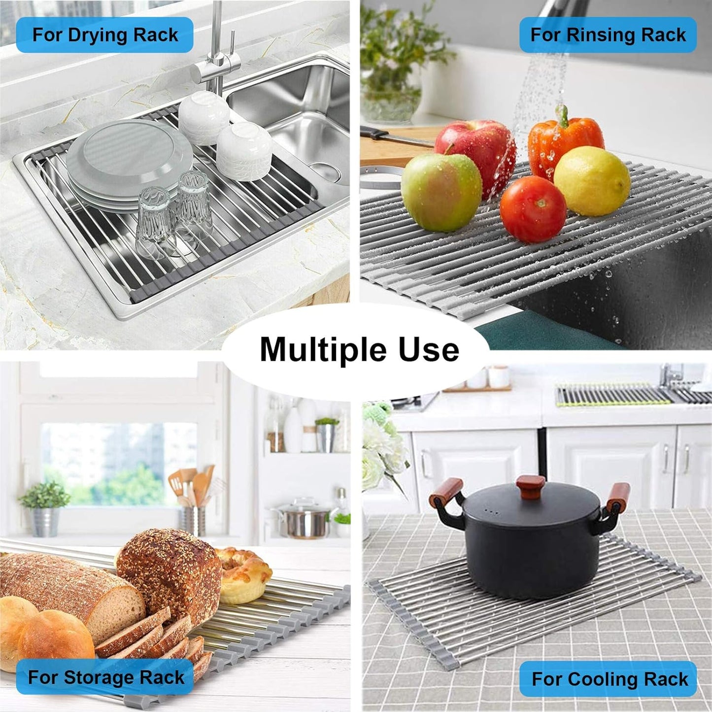 Searik Over The Sink Dish Drying Rack, Roll up Sink Dish Drainer Rack Foldable Kitchen Stainless Steel Dish Rack Sink Drying Rack (17.7"x 11.8")