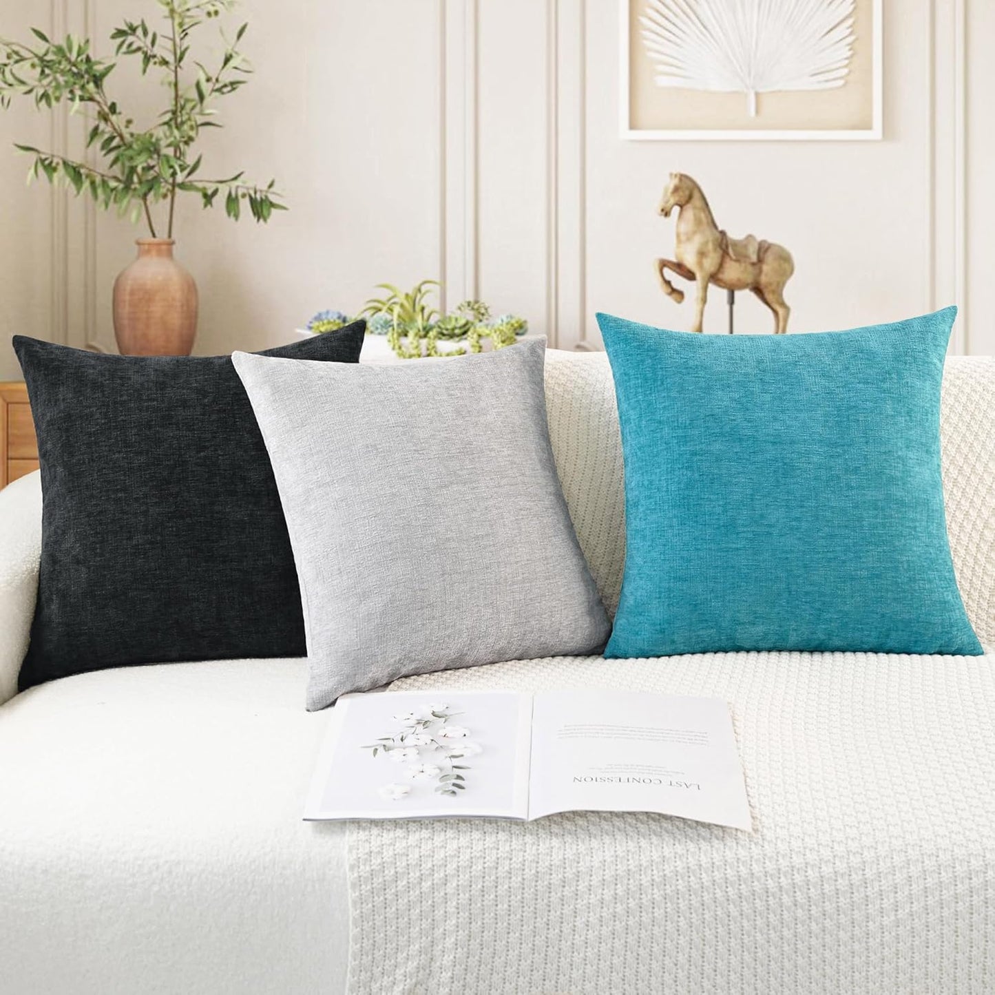 CaliTime Throw Pillow Covers Decorative 26 X 26 Inches Pack of 2 Cozy Chenille Cushion Cases for Couch Sofa Bed Living Room Home Lake Blue