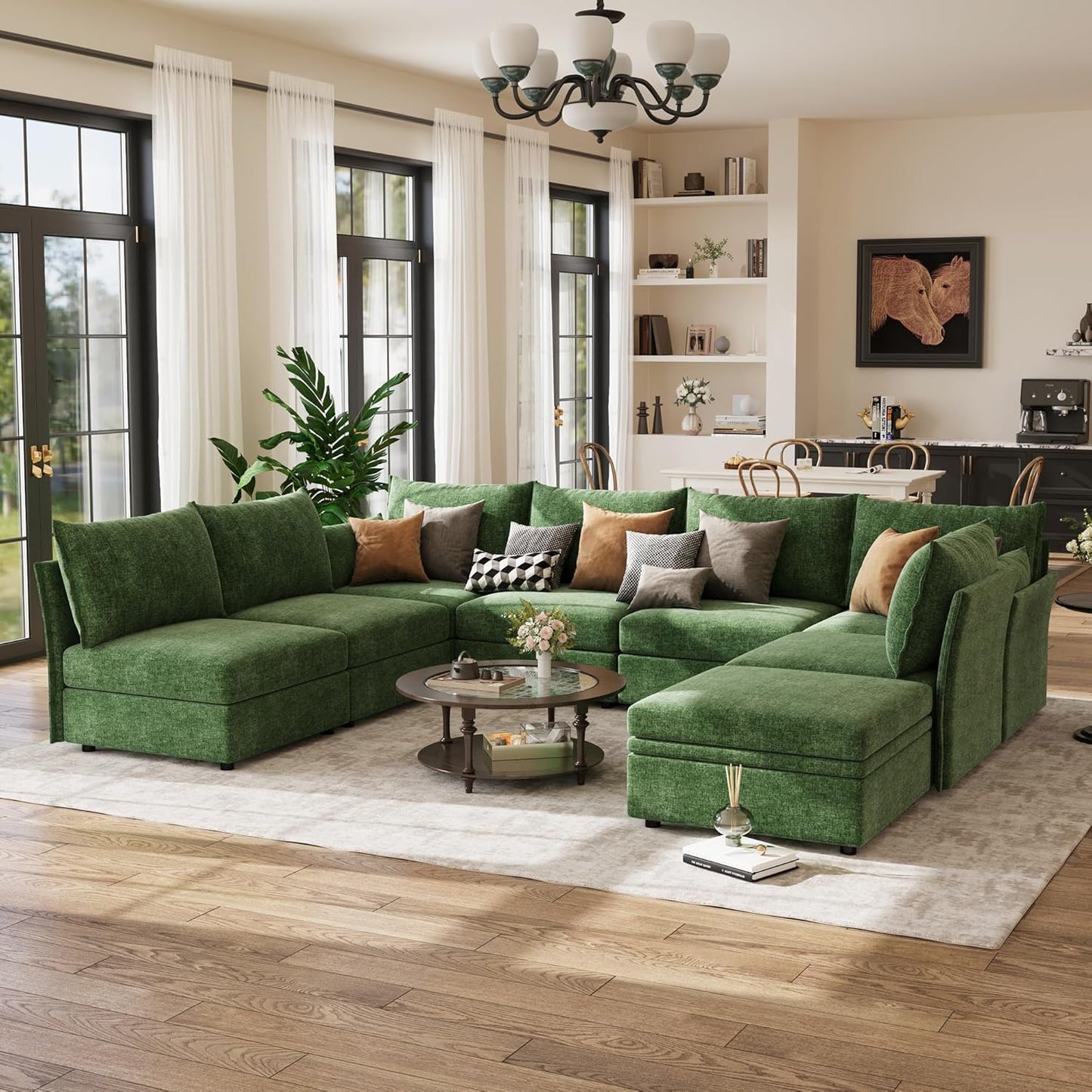 134.6" Modular Sectional Sofa, U Shaped Couch Set for Living Room, Large 8-Seater Comfy Cloud Couches with Movable Storage Ottoman,DIY Combination - Chenille Green