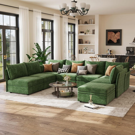 134.6" Modular Sectional Sofa, U Shaped Couch Set for Living Room, Large 8-Seater Comfy Cloud Couches with Movable Storage Ottoman,DIY Combination - Chenille Green