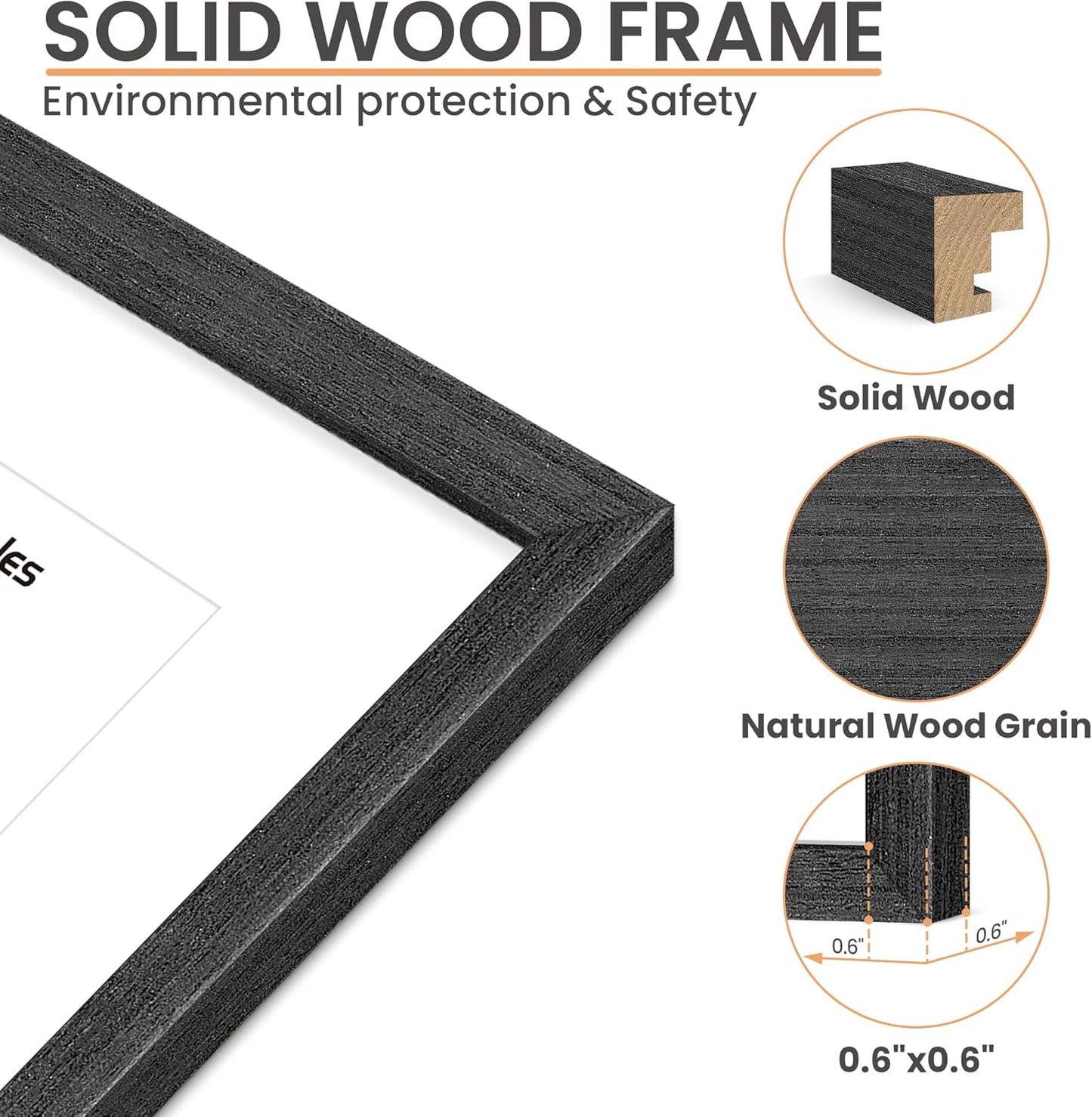 upsimples 8x10 Picture Frame, Natural Solid Wooden Picture Frames, Display 5x7 with Mat or 8 x 10 Without Mat, Wall or Tabletop, 1 Pack, Black