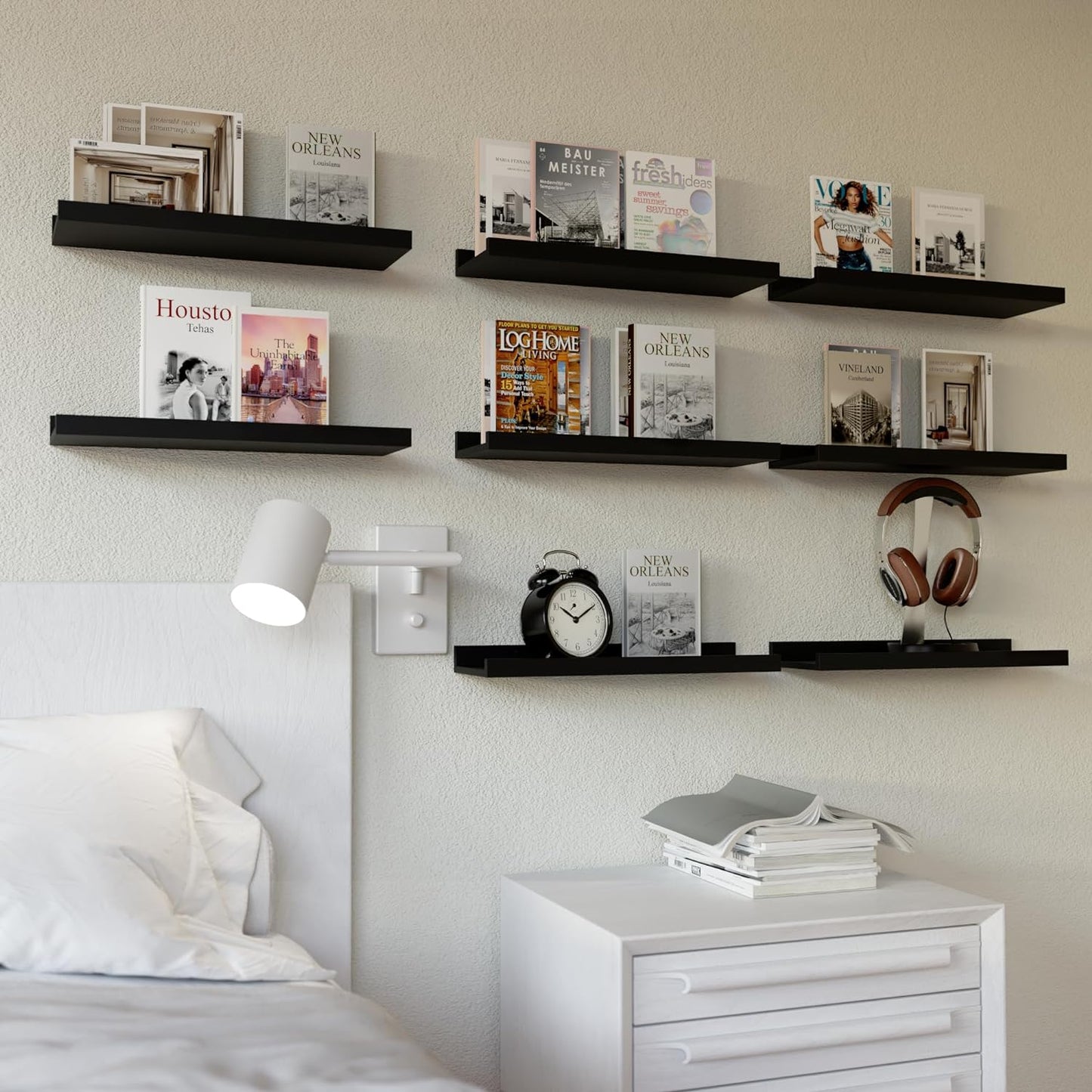 RICHER HOUSE Floating Wall Mounted Shelves, 8pc Set with Lip - Black Nursery Book Shelves for Bedroom, Bathroom, Kitchen Decor Storage