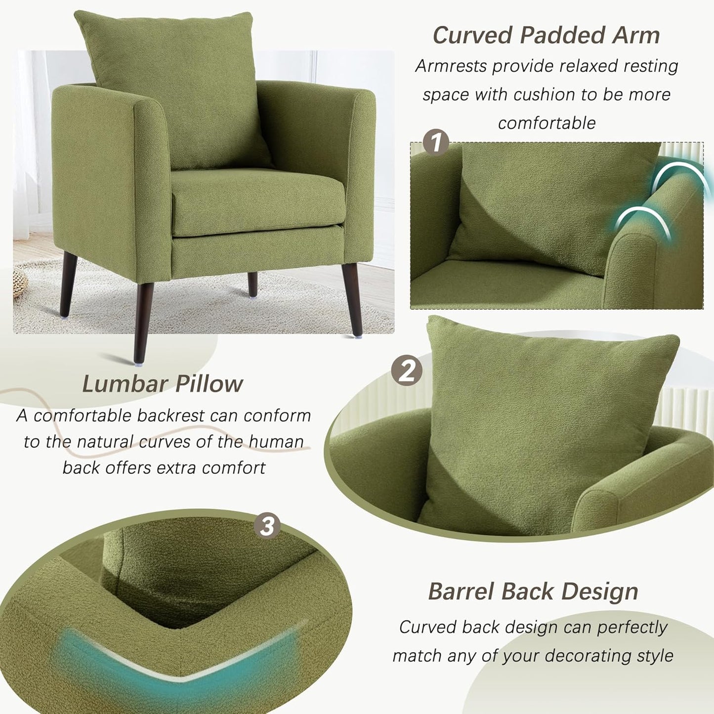 Barrel Accent Chair Set of 2 with Back Pillow, Large Upholstered Armchair with Solid Wood Legs Modern Reading Chairs for Living Room Bedroom