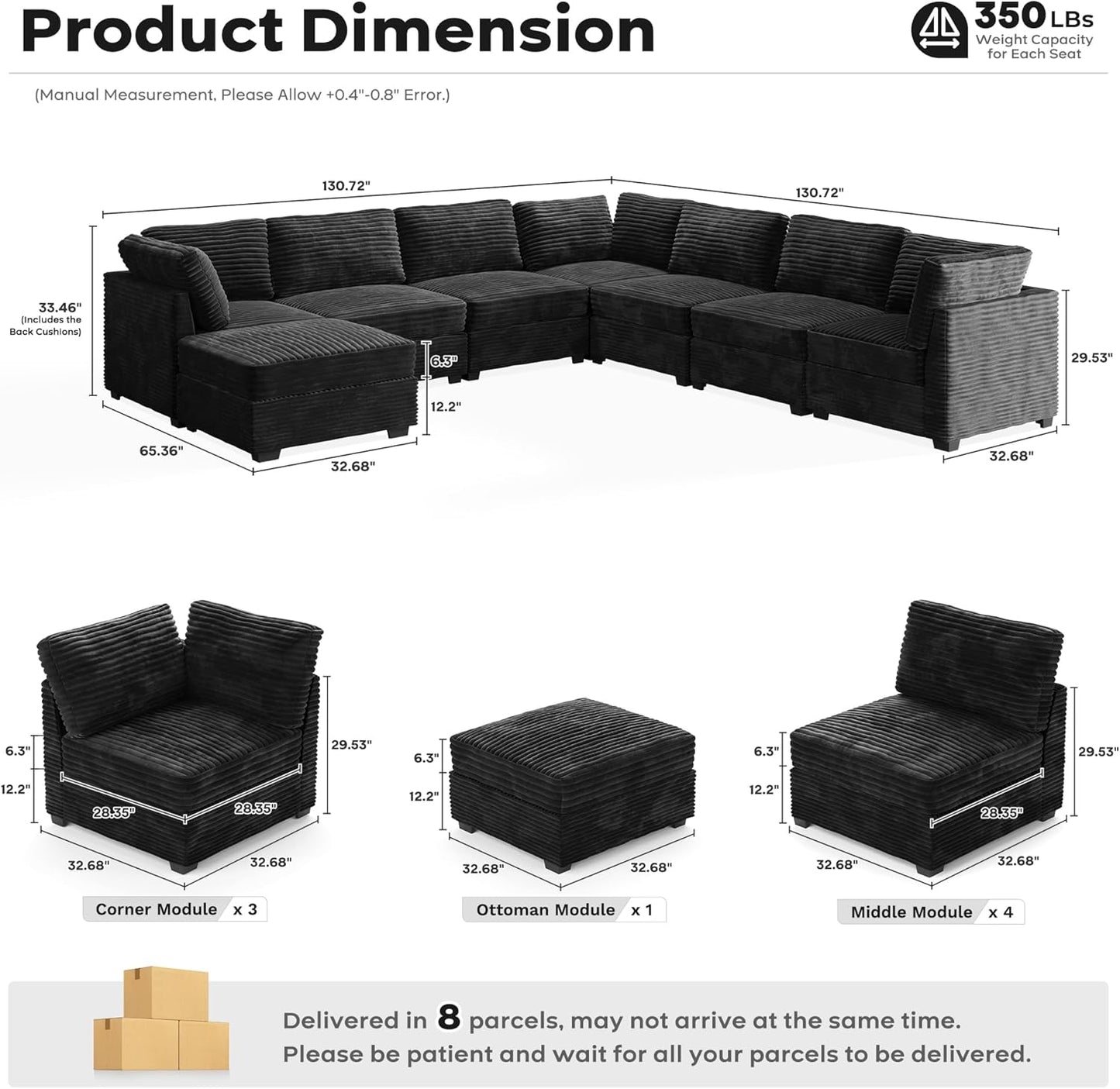 ovios Sectional Sofa Couch with L-Shape Chaise Ottoman, Comfy Modular Cloud Couches with Deep Seat, Modern Upholstered Plush Corduroy Sofas Set for Living Room, 8-Seater, Black