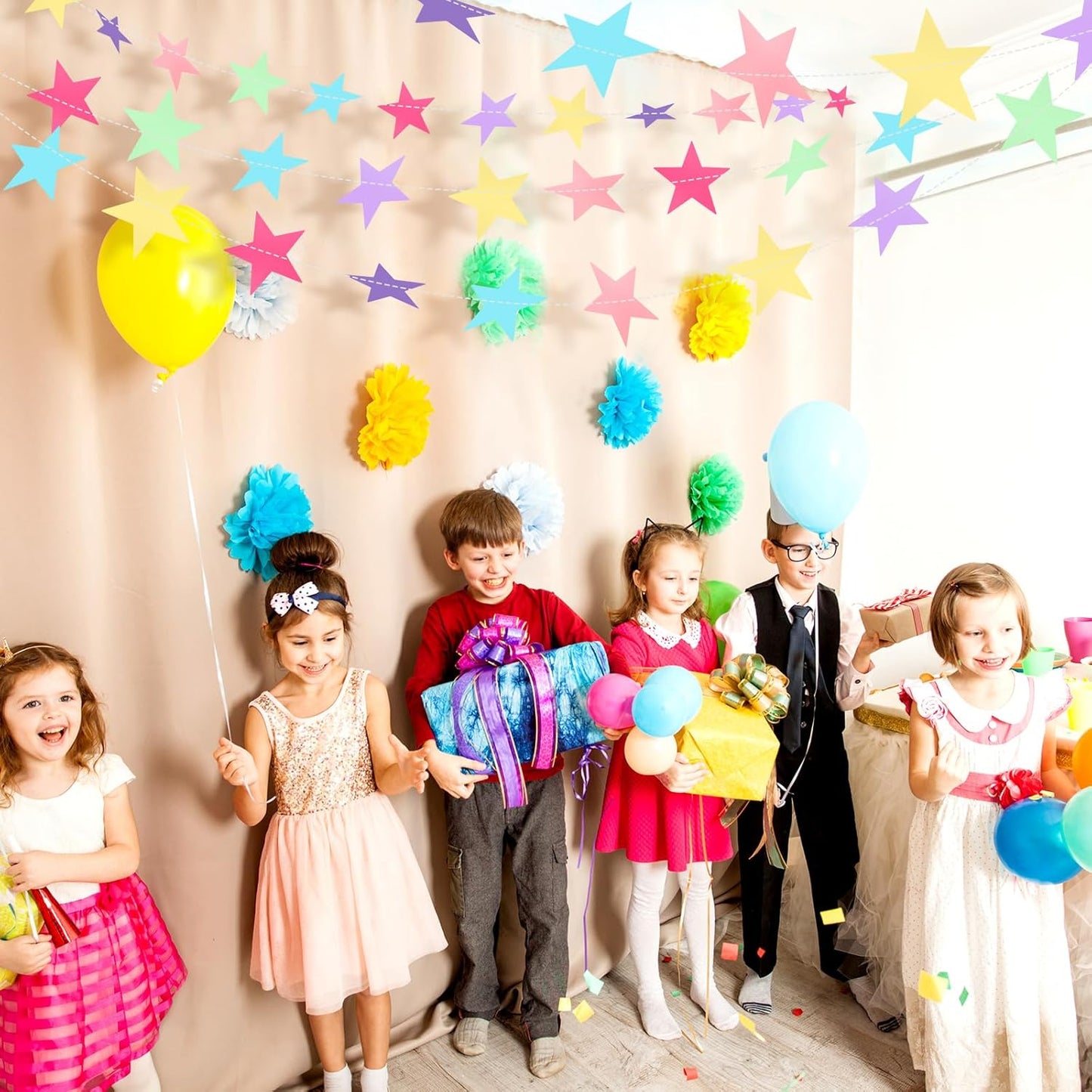 Patelai Glitter Star Garland Banner Decor 130 Feet Star Hanging Bunting Banner Twinkle Backdrop for Homecoming Classroom Wedding Birthday Halloween Christmas Party Supplies(Macaron Color)