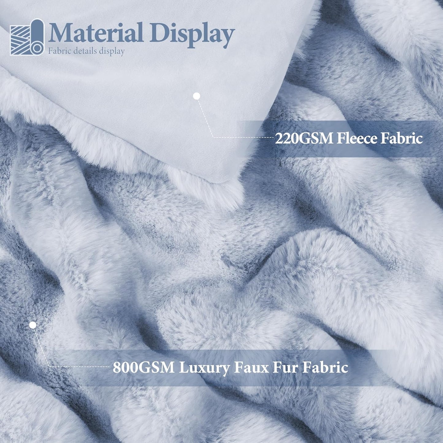 Touchat Luxury 1000GSM Faux Rabbit Fur Throw Blanket, Super Heavy Warm Cozy Grey Blankets for Couch Bed Sofa, Ruched Plush Fuzzy Elegant Soft Reversible Mink Blanket for Living Room Bedroom, Blue