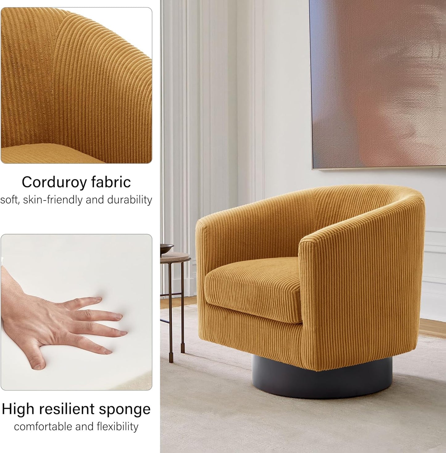 Swivel Barrel Accent Chair, Modern Round Corduroy Fabric Arm Chair for Living Room, Bedroom, Comfy Club Reading Chairs for Adults (Corduroy Orange, Set of 4)