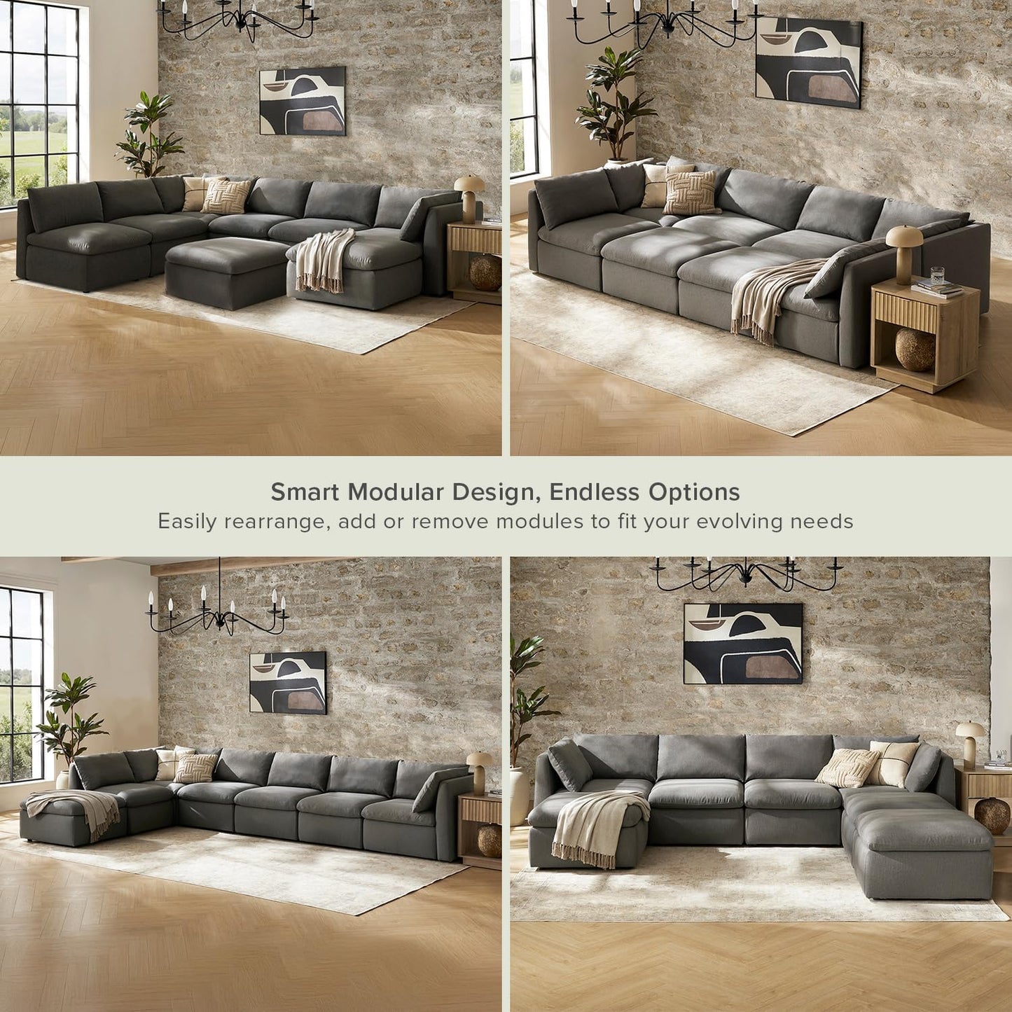 mopio Oversized Modular Sectional Sofa with Fully Removable Covers and Storage, Convertible U, L-Shaped and Sleeper Sectional, Modern Couches with Ottoman Chaise (Stone Gray Fabric, 8 Seats, U)