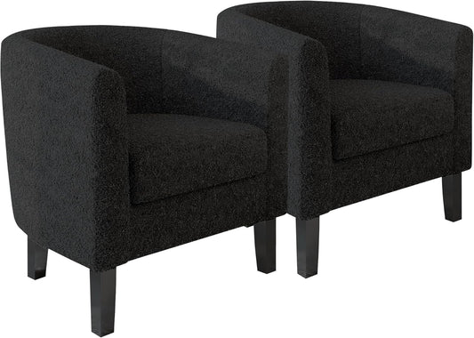 BELLEZE Living Room Chairs Set of 2, Teddy Polyester Accent Barrel Chairs, Club Tub Sofa Chairs for Bedroom, Corner Chairs with Flared Legs and Cozy Soft Padding - Highland (Teddy Black)