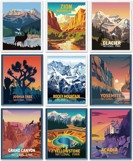 Outus 9 Pieces Vintage National Park Art Posters Prints Nature Art and Mountain Print Set Abstract Travel Unframed for Hikers Campers Living Room Decor, 8 x 10 Inch(National Park)