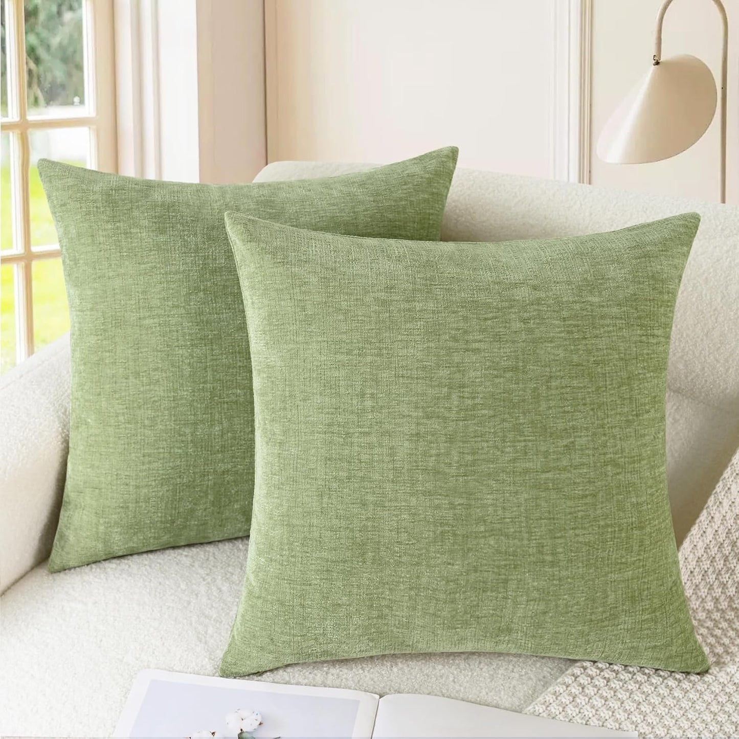 CaliTime Throw Pillow Covers Decorative 24 X 24 Inches Pack of 2 Cozy Chenille Cushion Cases for Couch Sofa Bed Living Room Home Sage Green