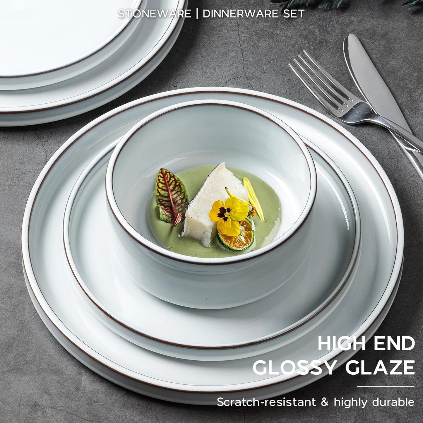 Onader Dinnerware Dishes Sets for 8, Stoneware Plates and Bowls with Unglazed Terracotta Bottom, Ceramic Kitchen Dinner Dish Set, 24 Piece - Glacier White