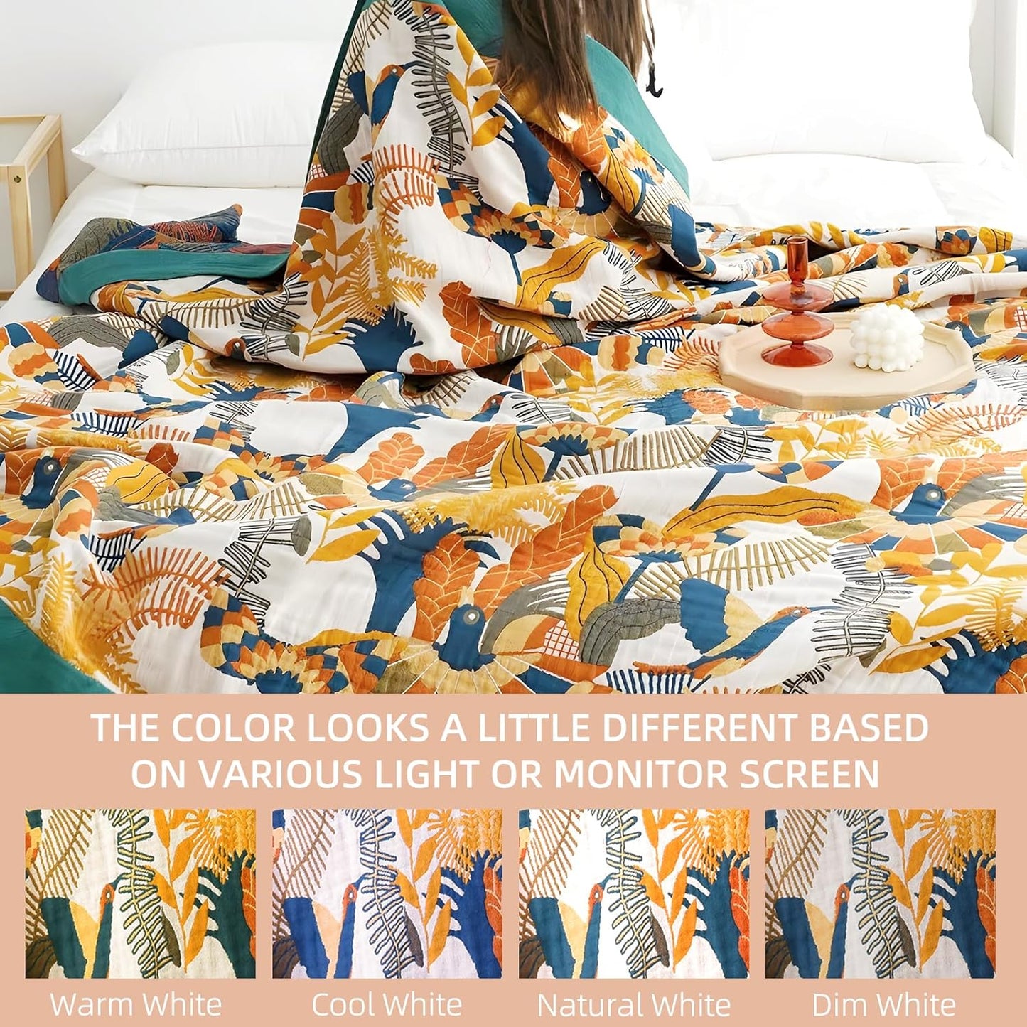 Boho Throw Blanket for Bed - 100% Pure Cotton Ultra Soft Rustic Quilt - Farmhouse Decor Bed Blankets, All Season Rustic Throw for Sofa Couch Chair(91''x 98'', Floral Bird)