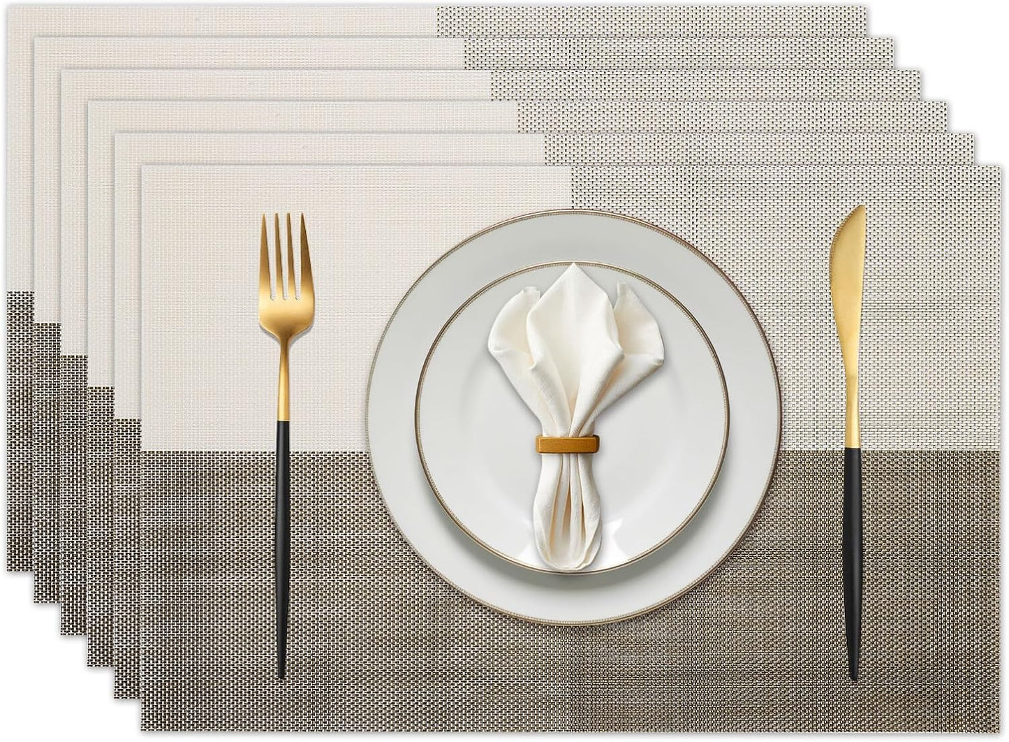 Vinyl Plastic Placemats Set of 6 Washable Heat Resistant Non-Slip Elegant Indoor Outdoor Kitchen Dining PVC Woven Table Place Mats (Light Coffee Lattice Block)