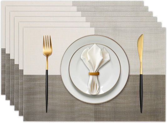 Vinyl Plastic Placemats Set of 6 Washable Heat Resistant Non-Slip Elegant Indoor Outdoor Kitchen Dining PVC Woven Table Place Mats (Light Coffee Lattice Block)