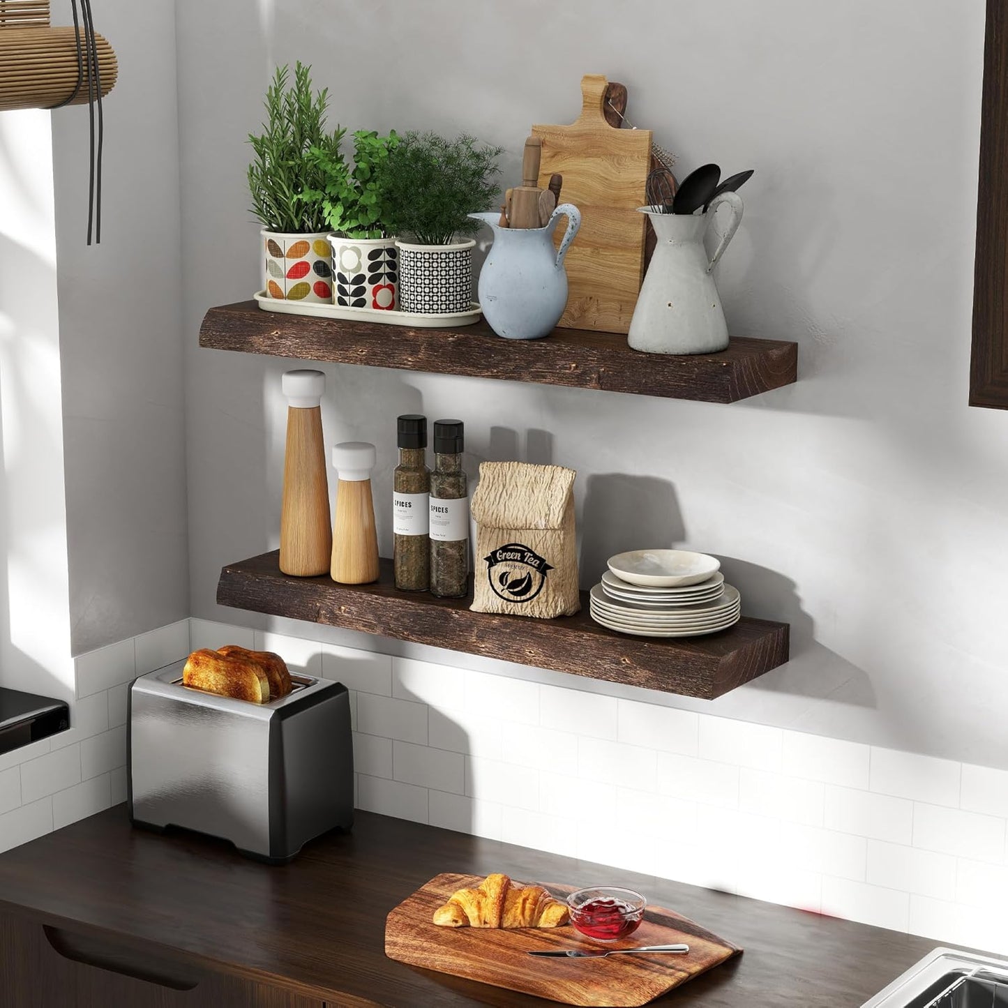 30" Floating Shelves, Live Edge Solid Elm Wood Floating Shelf, Wall Mounted Display Shelves with Heavy-Duty Bracket for Books, Rustic Wooden Shelf for Kitchen, Bathroom, Walnut Color, Set of 2