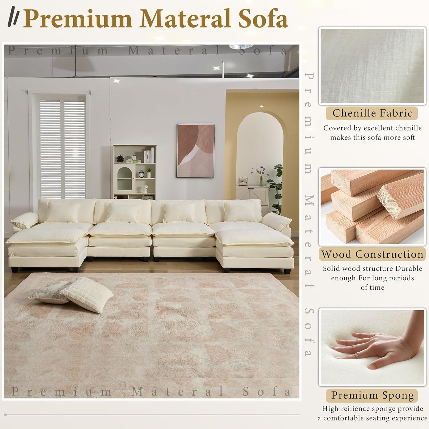 URRED Modular Sectional Sofa Comfy Cloud Couch, Modern Chenille Sofa Sleeper Deep Seat Couches with Ottoman/Pillows for Living Room (White, 154'' - U Shape)